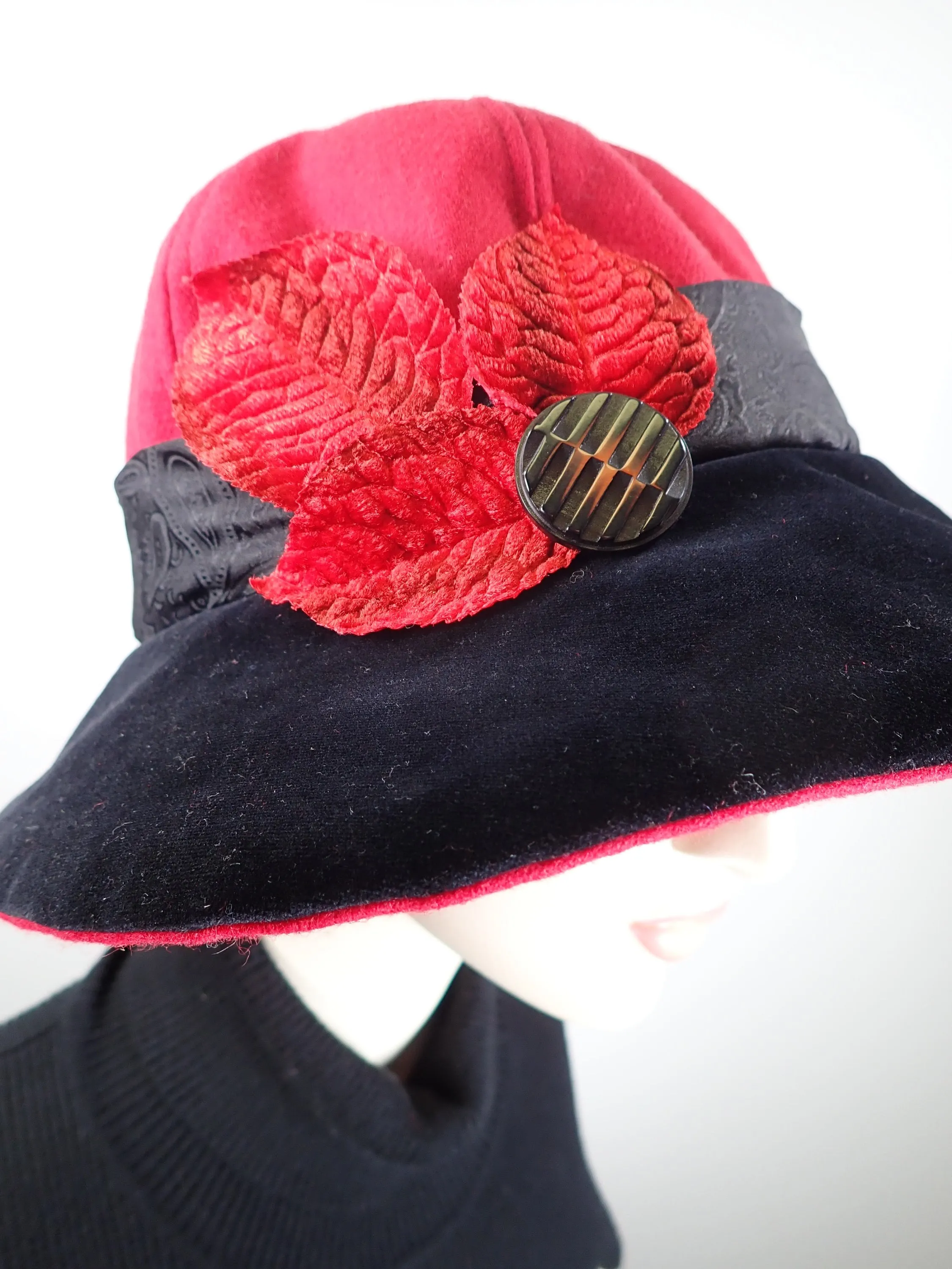 Slow Fashion Hat. Red Downton Abbey Medium brim hat. Ladies statement hat. Womens dessy red and black wool and velvet hat.