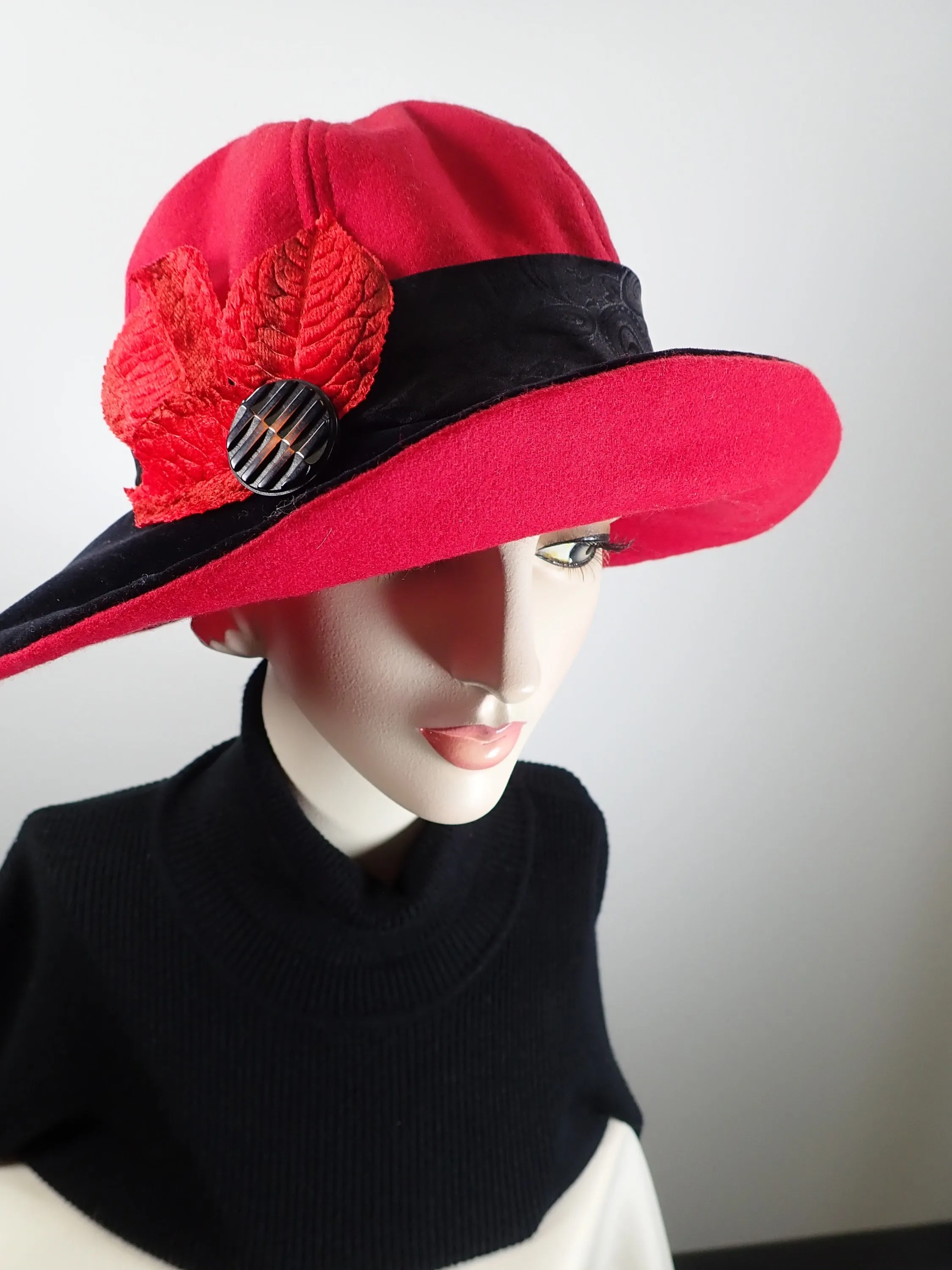 Slow Fashion Hat. Red Downton Abbey Medium brim hat. Ladies statement hat. Womens dessy red and black wool and velvet hat.
