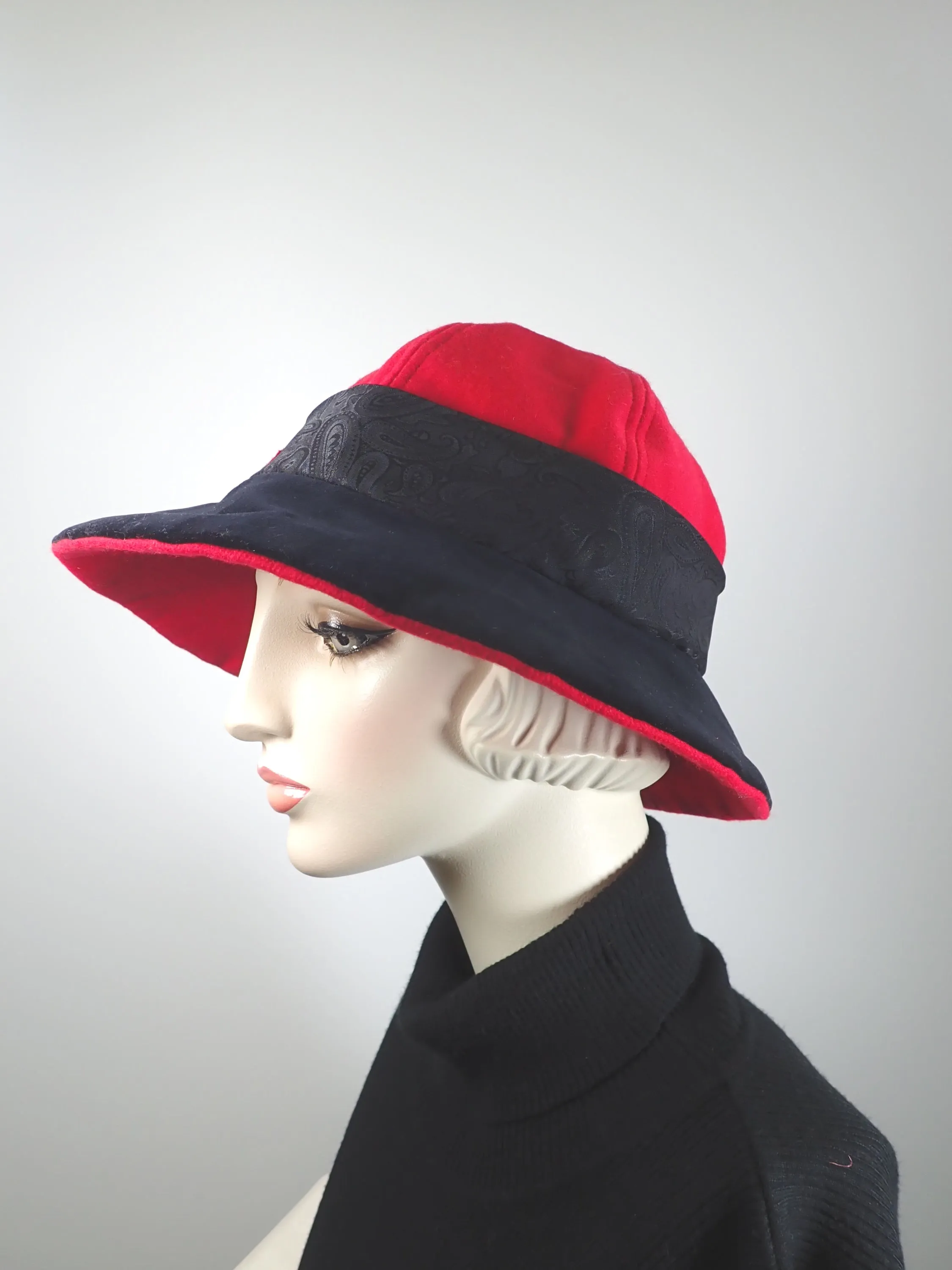 Slow Fashion Hat. Red Downton Abbey Medium brim hat. Ladies statement hat. Womens dessy red and black wool and velvet hat.