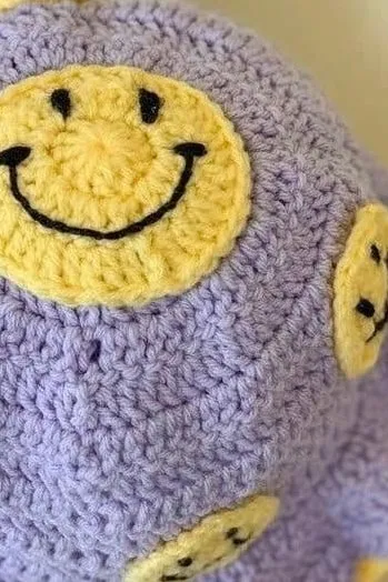 Smiling Purple Crochet Bucket Beanie