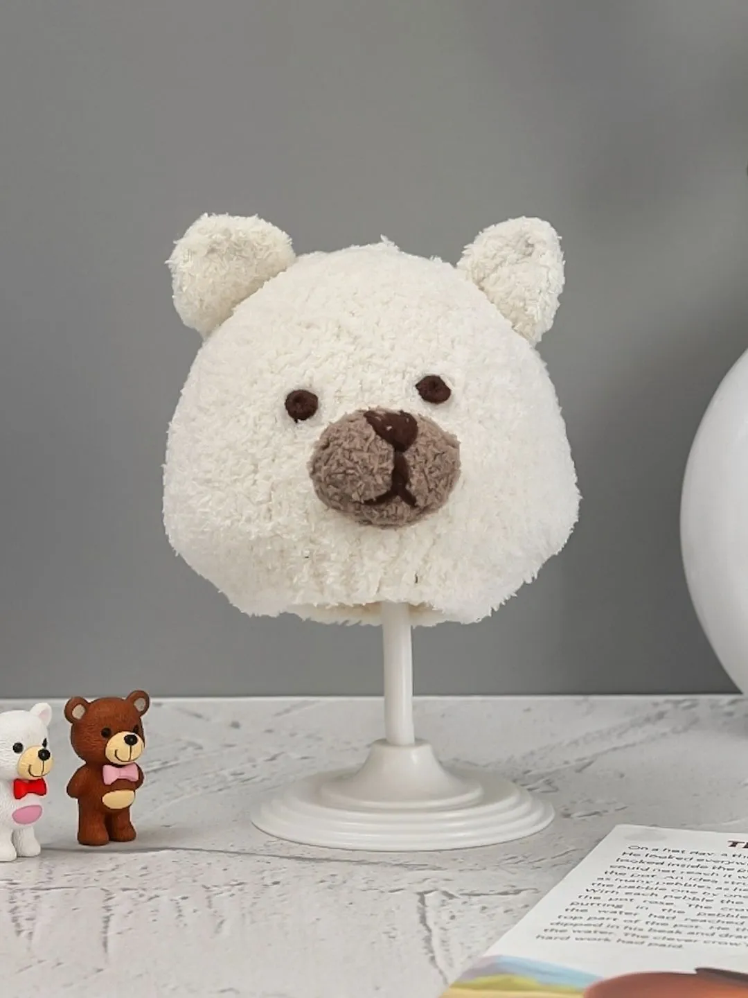 Soft Knitted Bear Beanie for Boys, White, 6-18 Months