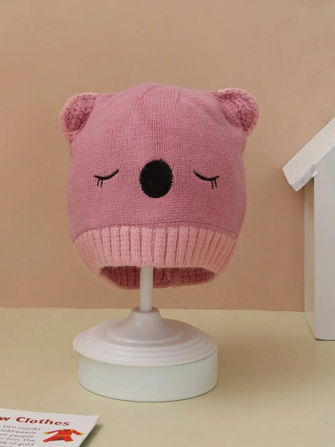 Solid Knitted Beanie with Teddy Ears for Girls, Dark Pink, 6-18 Months
