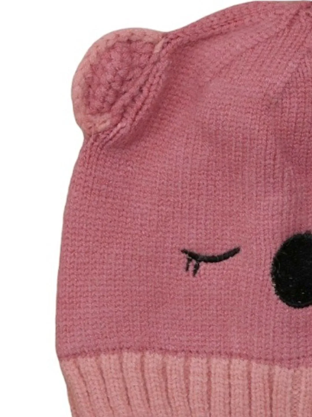 Solid Knitted Beanie with Teddy Ears for Girls, Dark Pink, 6-18 Months