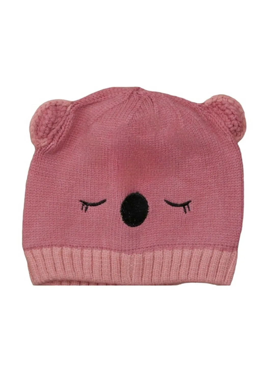 Solid Knitted Beanie with Teddy Ears for Girls, Dark Pink, 6-18 Months