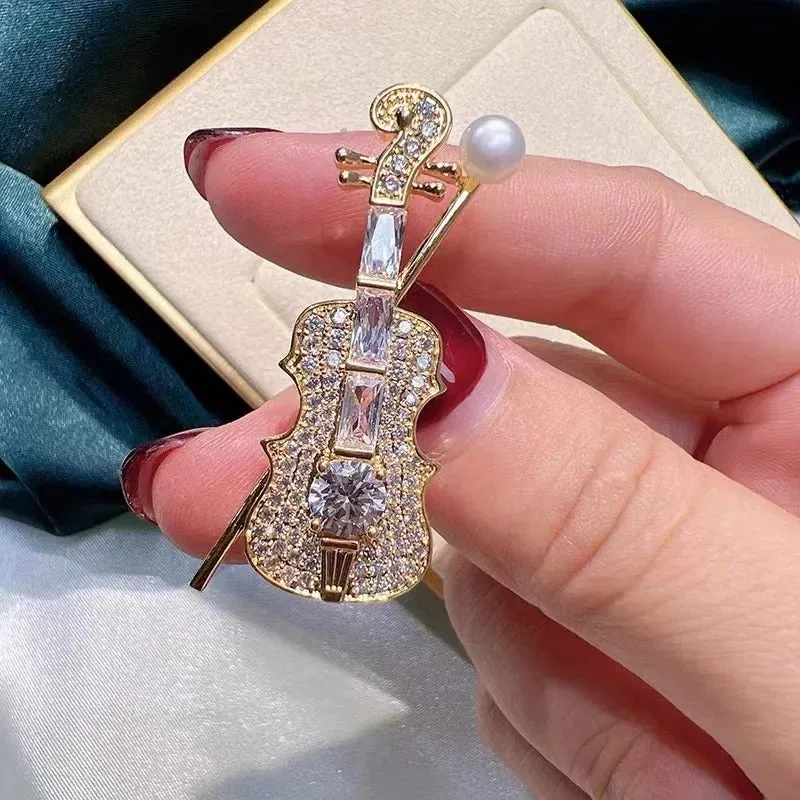 Sparkling Rhinestone Studded Violin Design Brooch Pin