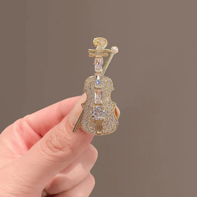 Sparkling Rhinestone Studded Violin Design Brooch Pin