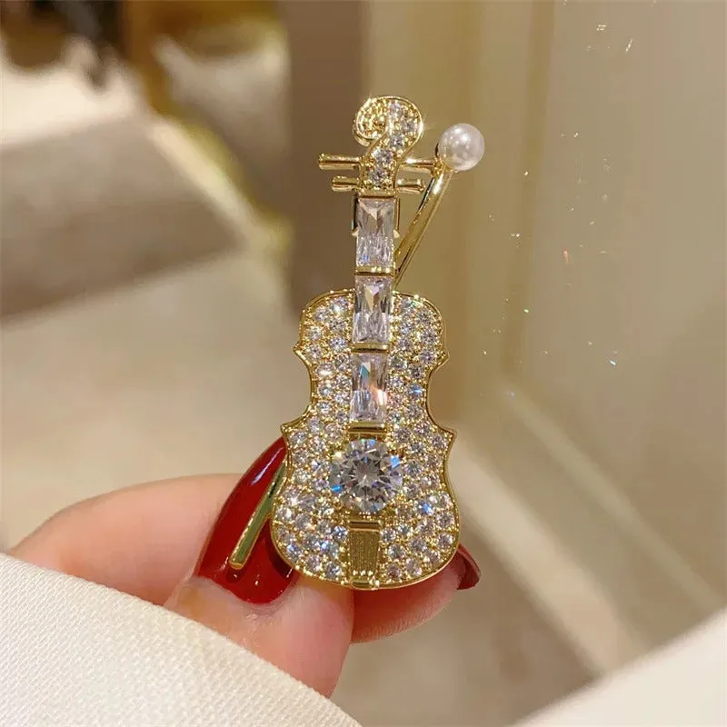 Sparkling Rhinestone Studded Violin Design Brooch Pin