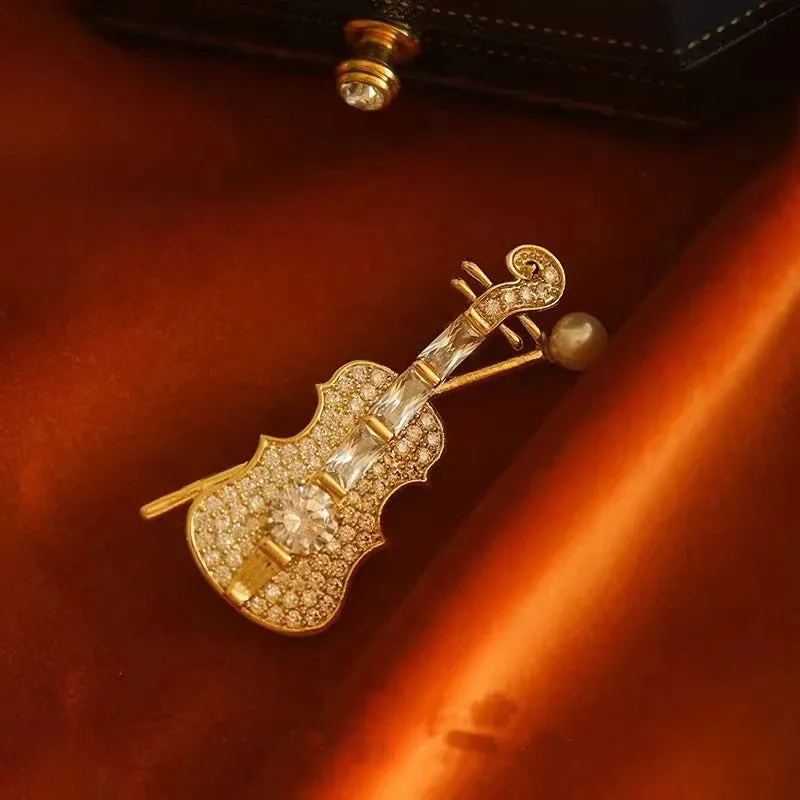 Sparkling Rhinestone Studded Violin Design Brooch Pin