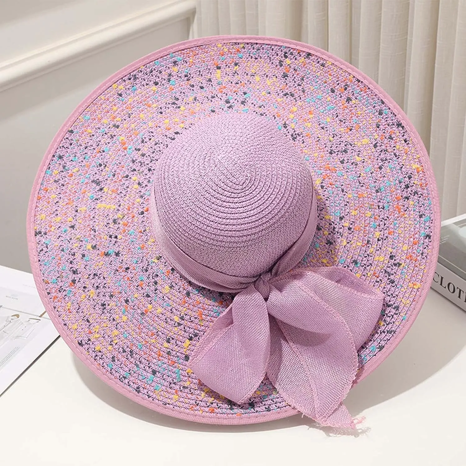 Straw Beach Hat UPF 50 Ladies Straw Hats for Summer Women Floppy Bow Sun Hat with Wide Brim Foldable Roll-Up Cap