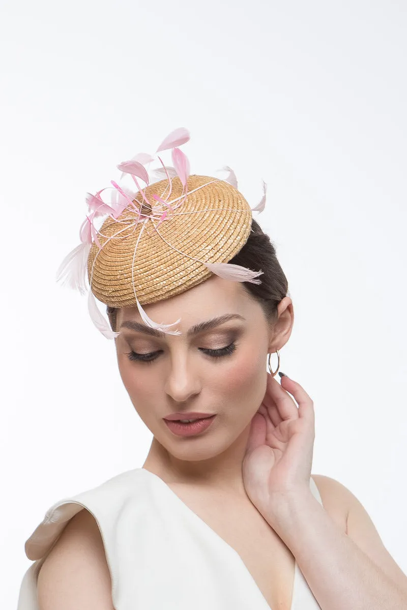 Straw Braid Cocktail Hat with Floating Feathers