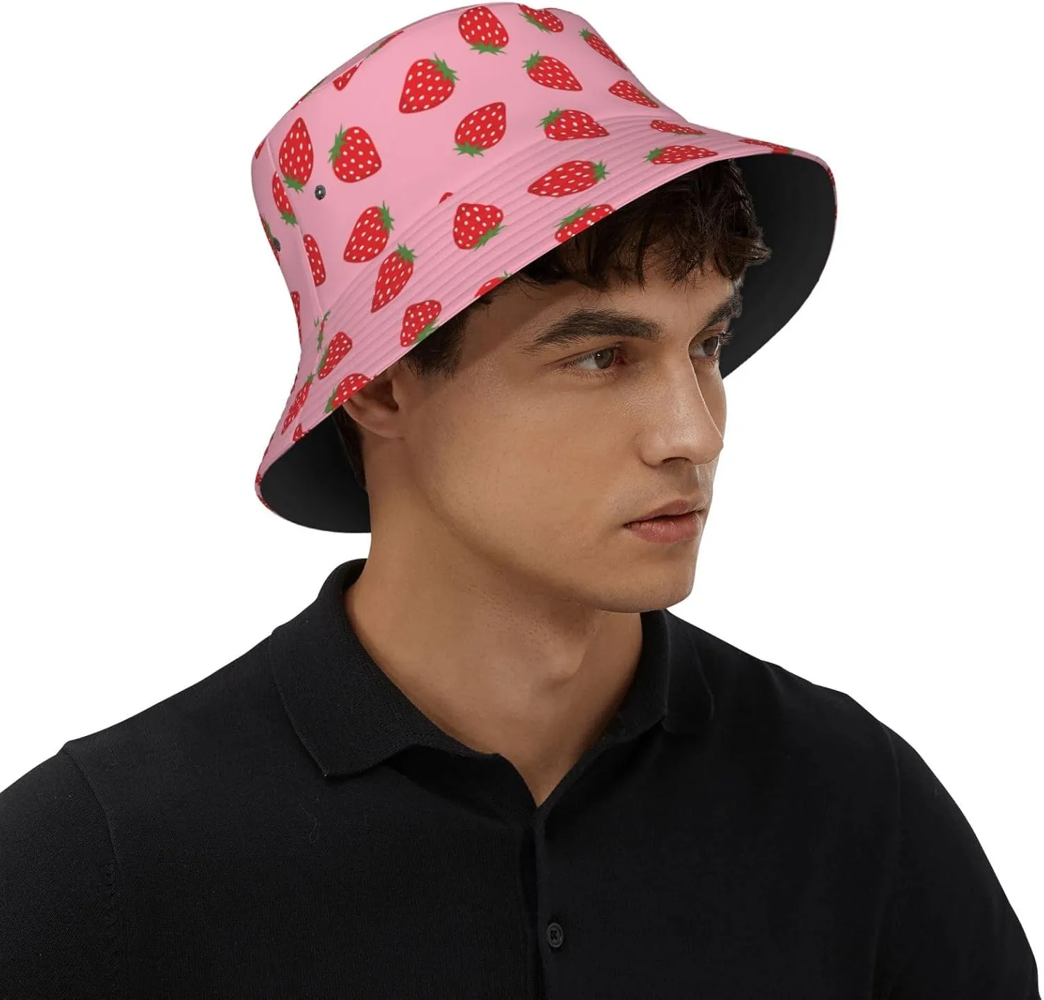 Strawberry Print Flat Unisex Fashion Packable Bucket Hat Sun Hat for Men Women