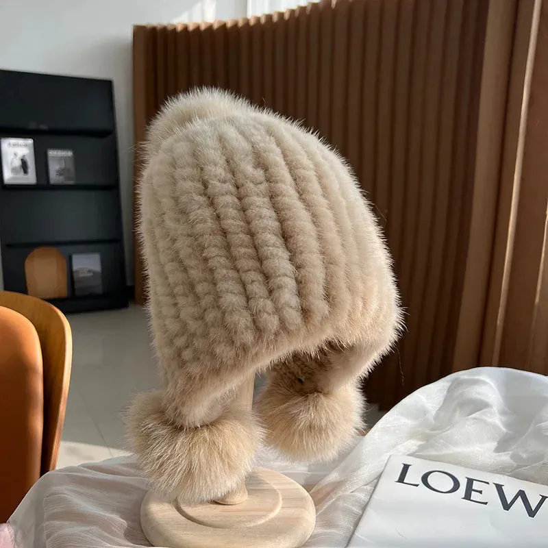 Stylish Winter Warm Mink Fur Hat with Fox Fur Pompom Beanies Cap
