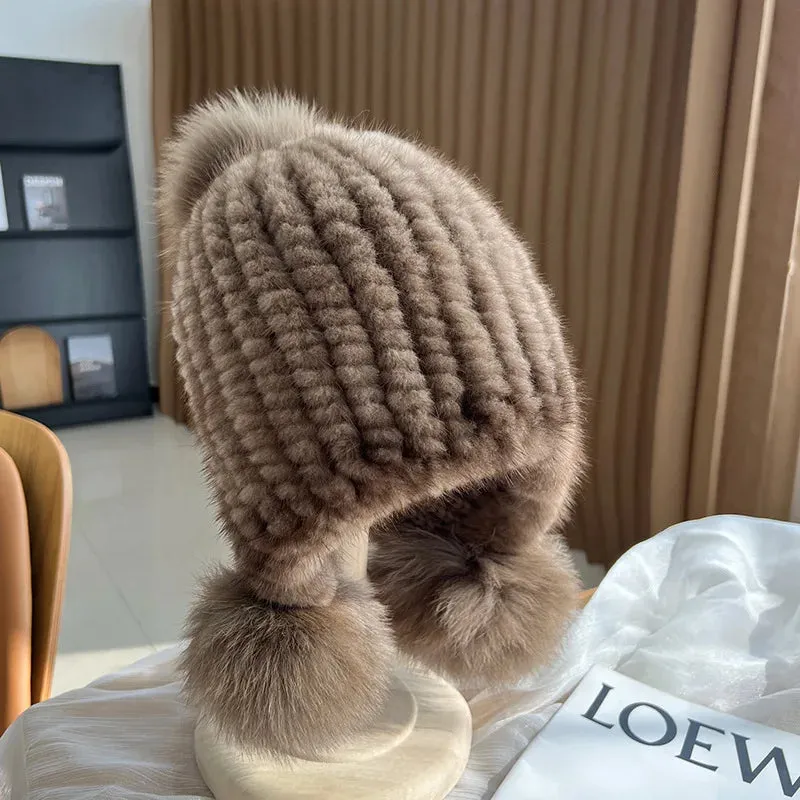 Stylish Winter Warm Mink Fur Hat with Fox Fur Pompom Beanies Cap