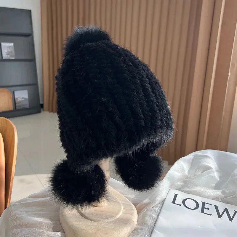 Stylish Winter Warm Mink Fur Hat with Fox Fur Pompom Beanies Cap