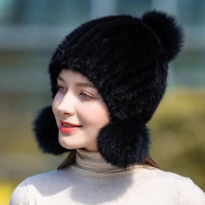 Stylish Winter Warm Mink Fur Hat with Fox Fur Pompom Beanies Cap