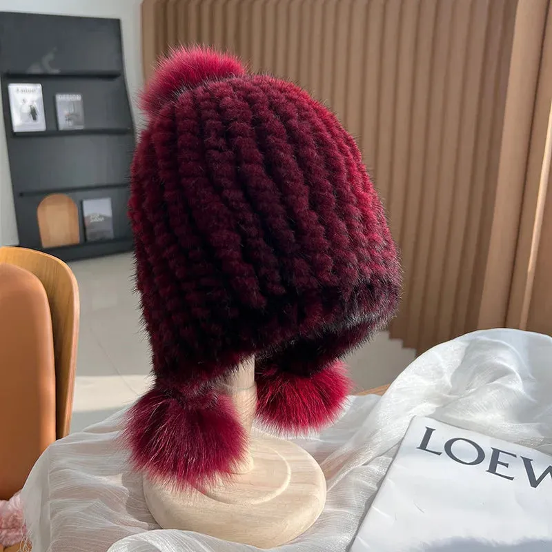 Stylish Winter Warm Mink Fur Hat with Fox Fur Pompom Beanies Cap