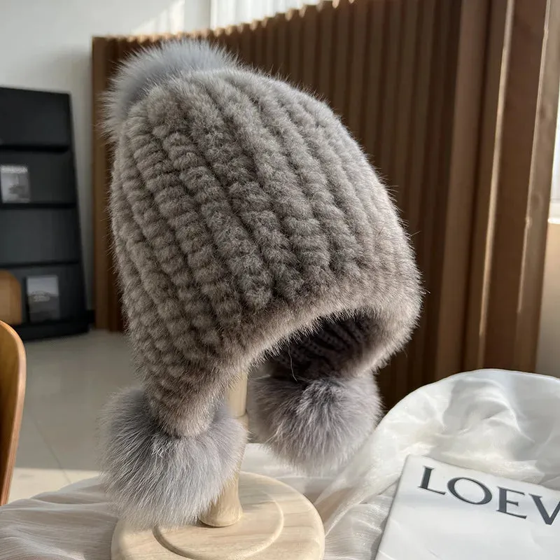 Stylish Winter Warm Mink Fur Hat with Fox Fur Pompom Beanies Cap
