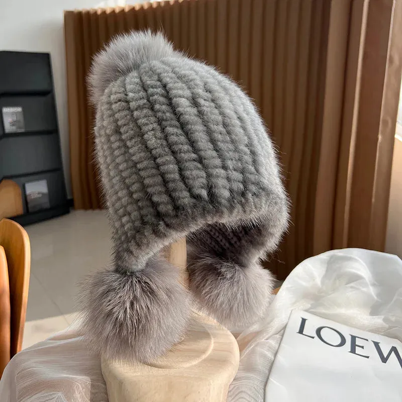 Stylish Winter Warm Mink Fur Hat with Fox Fur Pompom Beanies Cap