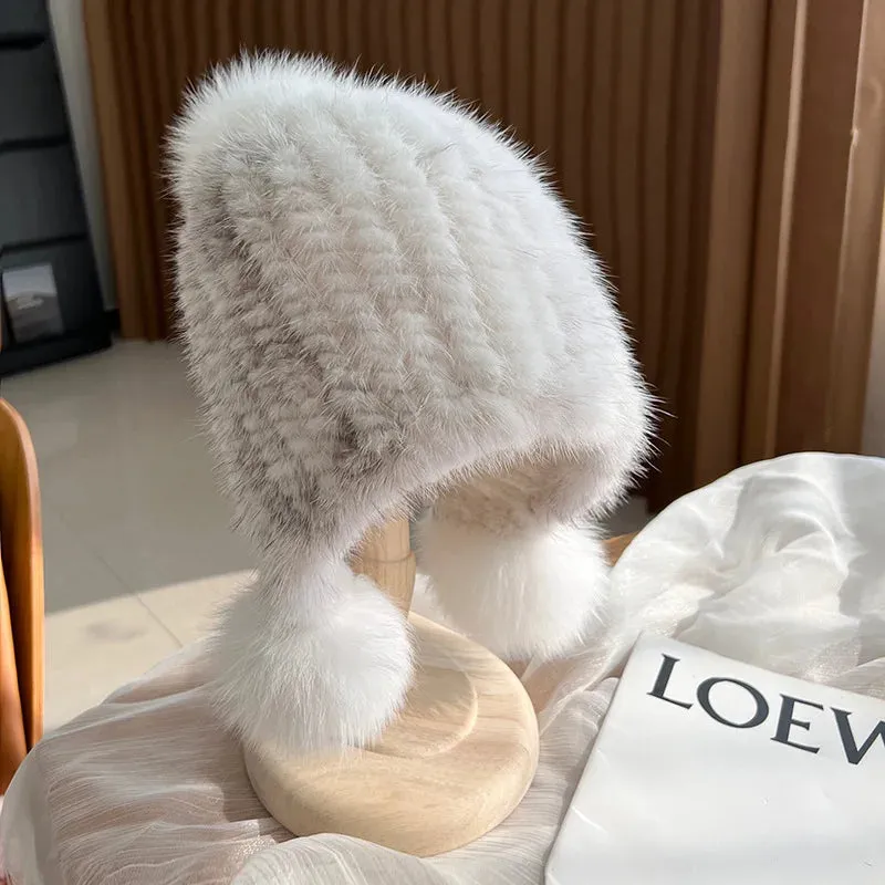 Stylish Winter Warm Mink Fur Hat with Fox Fur Pompom Beanies Cap