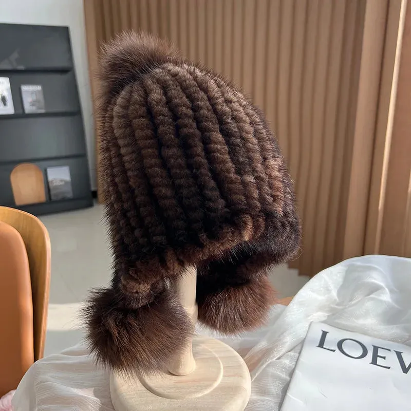 Stylish Winter Warm Mink Fur Hat with Fox Fur Pompom Beanies Cap