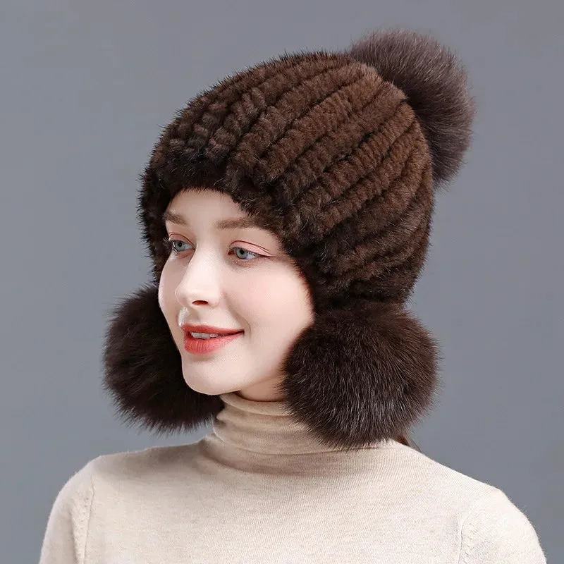 Stylish Winter Warm Mink Fur Hat with Fox Fur Pompom Beanies Cap
