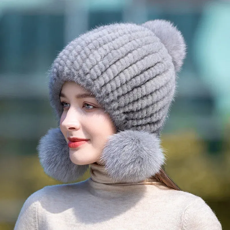 Stylish Winter Warm Mink Fur Hat with Fox Fur Pompom Beanies Cap