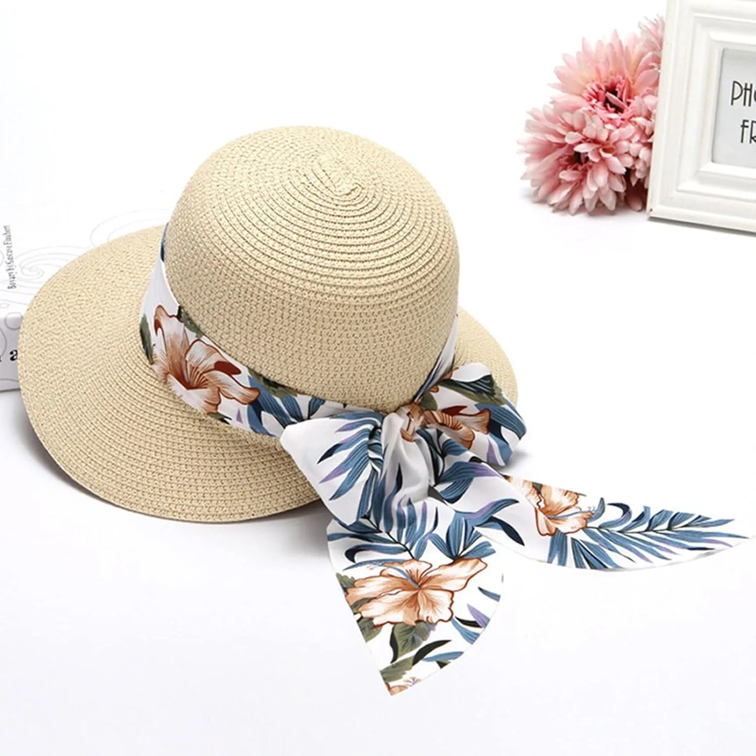 Summer Bucket Hats for Women Wide Bongrace Beach Sun Hat Straw Hat Sunscreen Sunshade Fisherman's Hat with Bow Tie