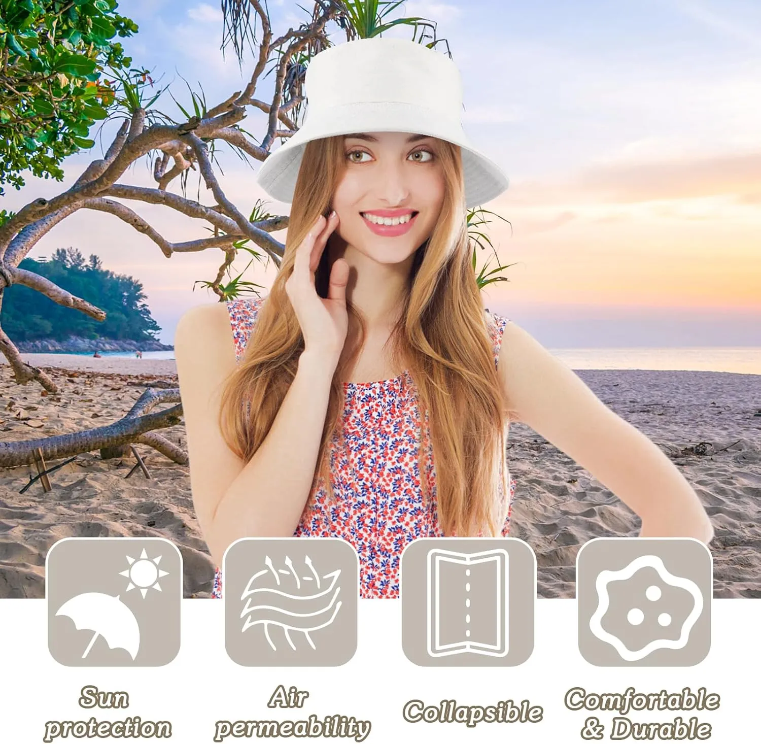 Sun Hat for Women Bucket Hat Cotton Reversible Summer Travel Beach Fishing Cap