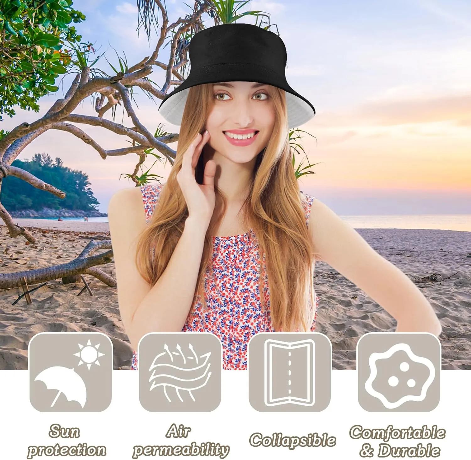 Sun Hat for Women Bucket Hat Cotton Reversible Summer Travel Beach Fishing Cap