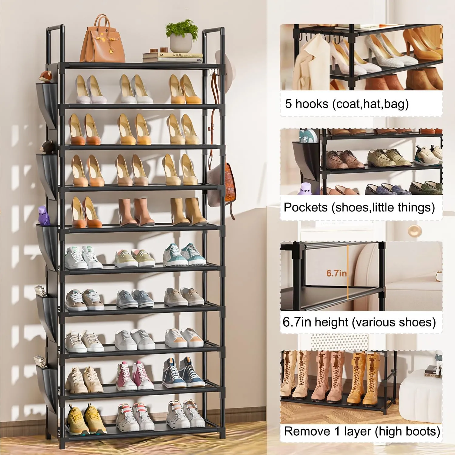 Tall Shoe Rack 10 Tier Shoe Organizer Racks for Closet Shoes Rack, Storage Metal Shoe Shelf with 5Hooks and Pocket,Sturdy Shoe Stand Tower Rack for Shoes