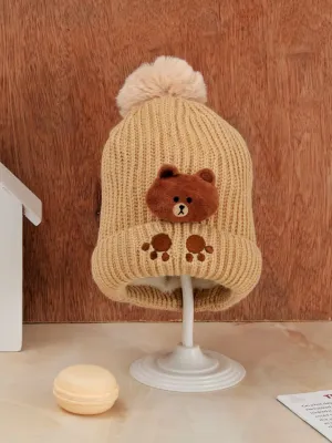 Teddy Applique Hat with Pompom for Boys | Cozy & Stylish Winter Wear
