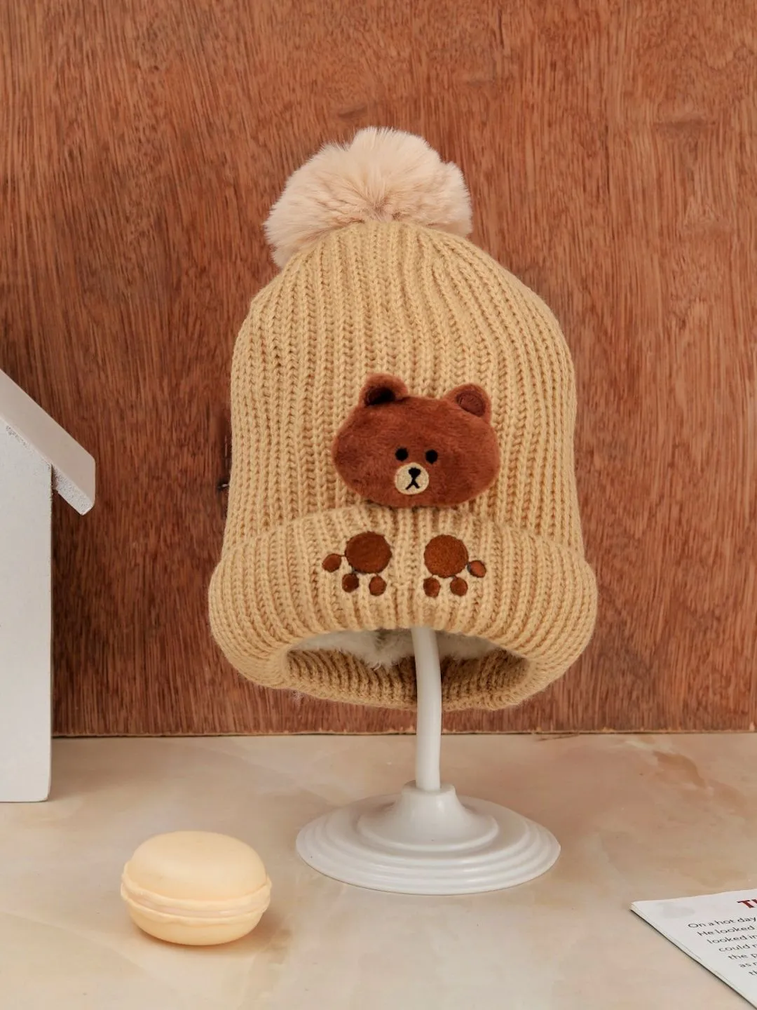 Teddy Applique Hat with Pompom for Boys | Cozy & Stylish Winter Wear
