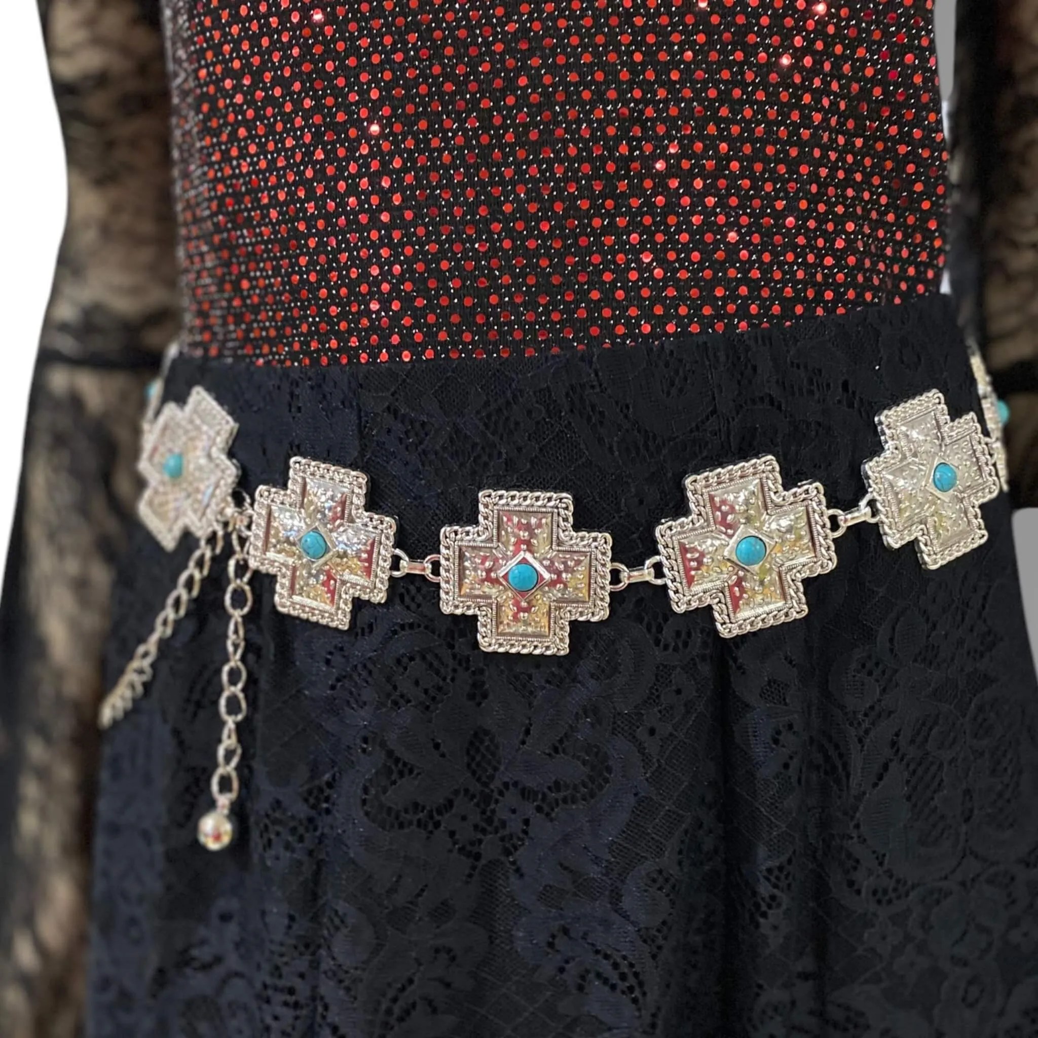 Textured Cross Medallion Link Western Turquoise Belt