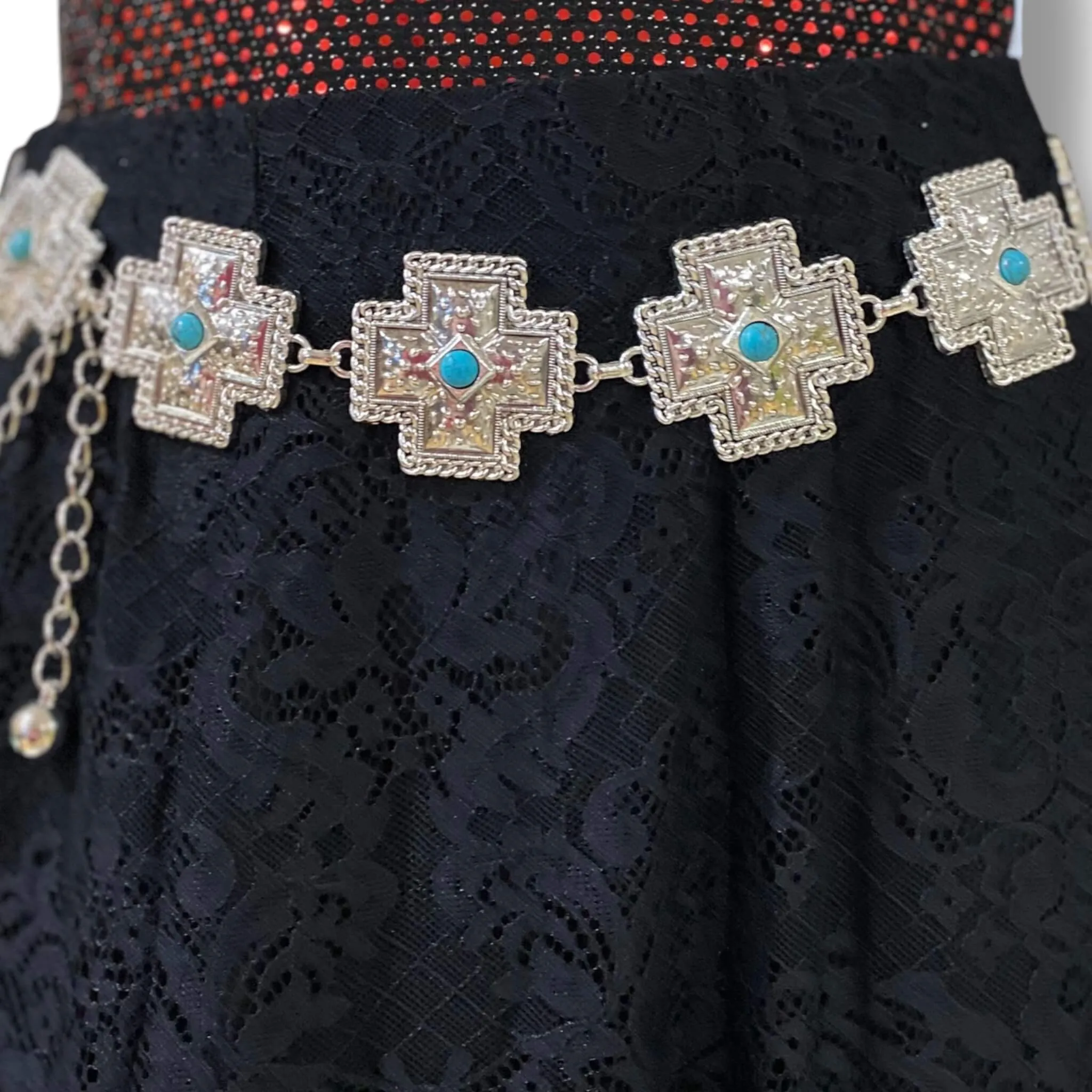 Textured Cross Medallion Link Western Turquoise Belt