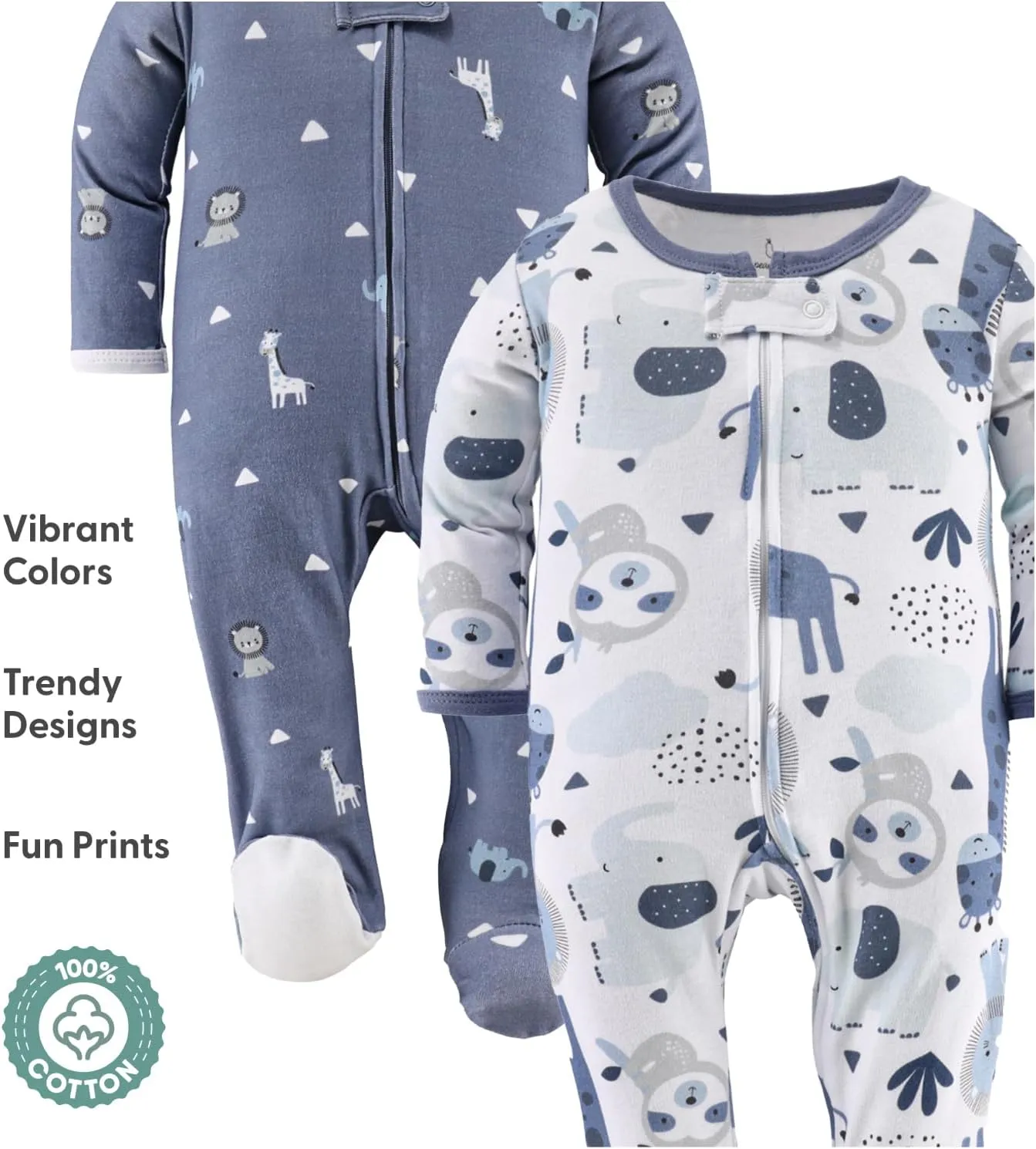 The Peanutshell Baby Sleepers for Boys Set of 3 - Soft Cotton Footed Pajamas for Newborns & Infants - Blue Safari
