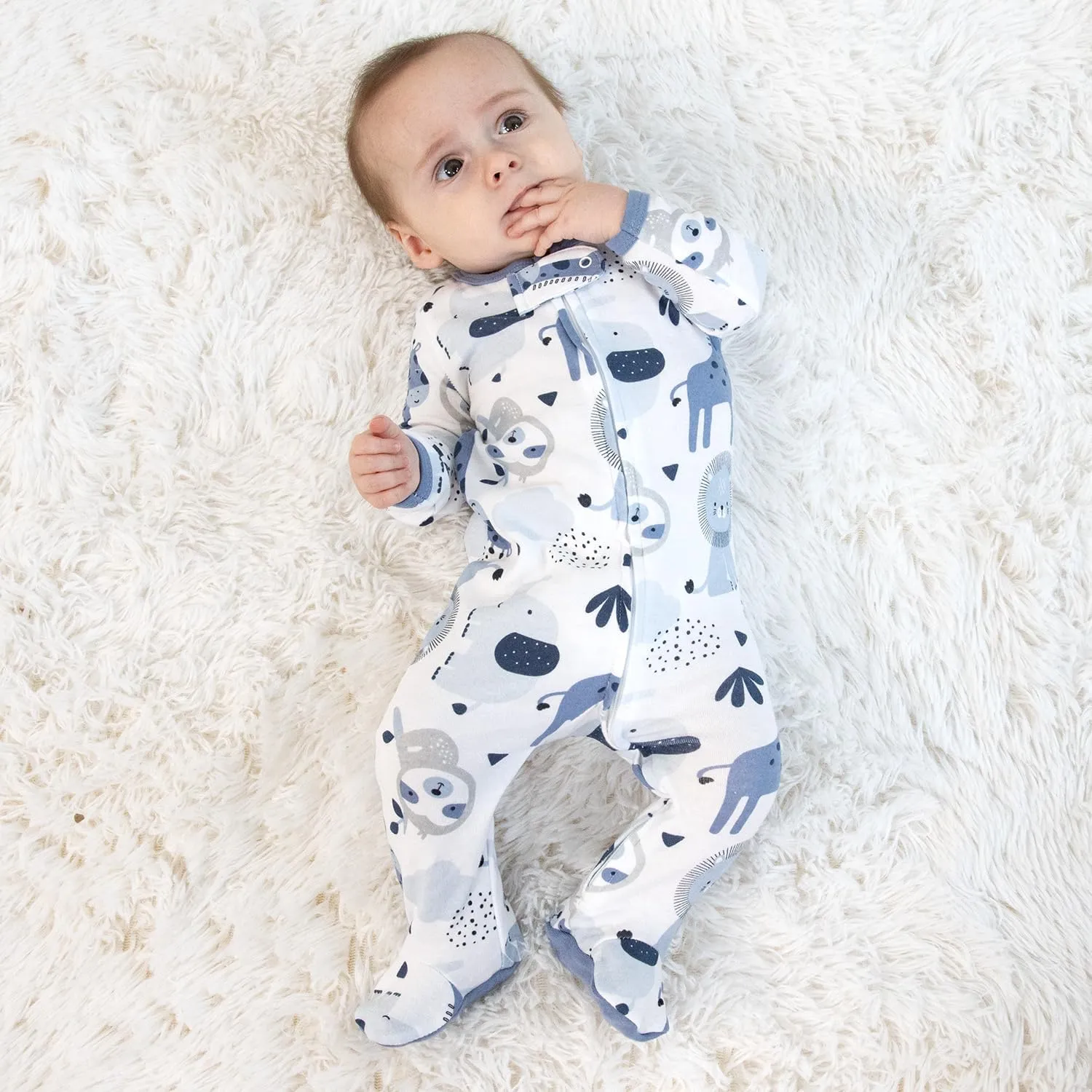 The Peanutshell Baby Sleepers for Boys Set of 3 - Soft Cotton Footed Pajamas for Newborns & Infants - Blue Safari