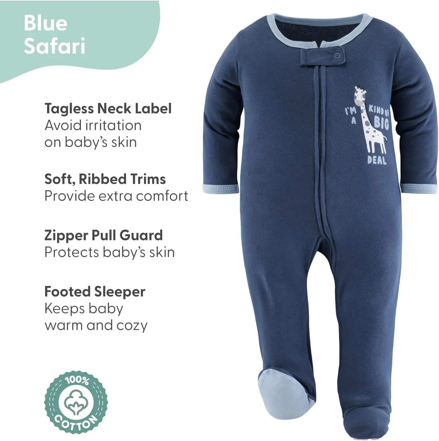 The Peanutshell Baby Sleepers for Boys Set of 3 - Soft Cotton Footed Pajamas for Newborns & Infants - Blue Safari
