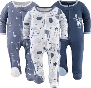 The Peanutshell Baby Sleepers for Boys Set of 3 - Soft Cotton Footed Pajamas for Newborns & Infants - Blue Safari