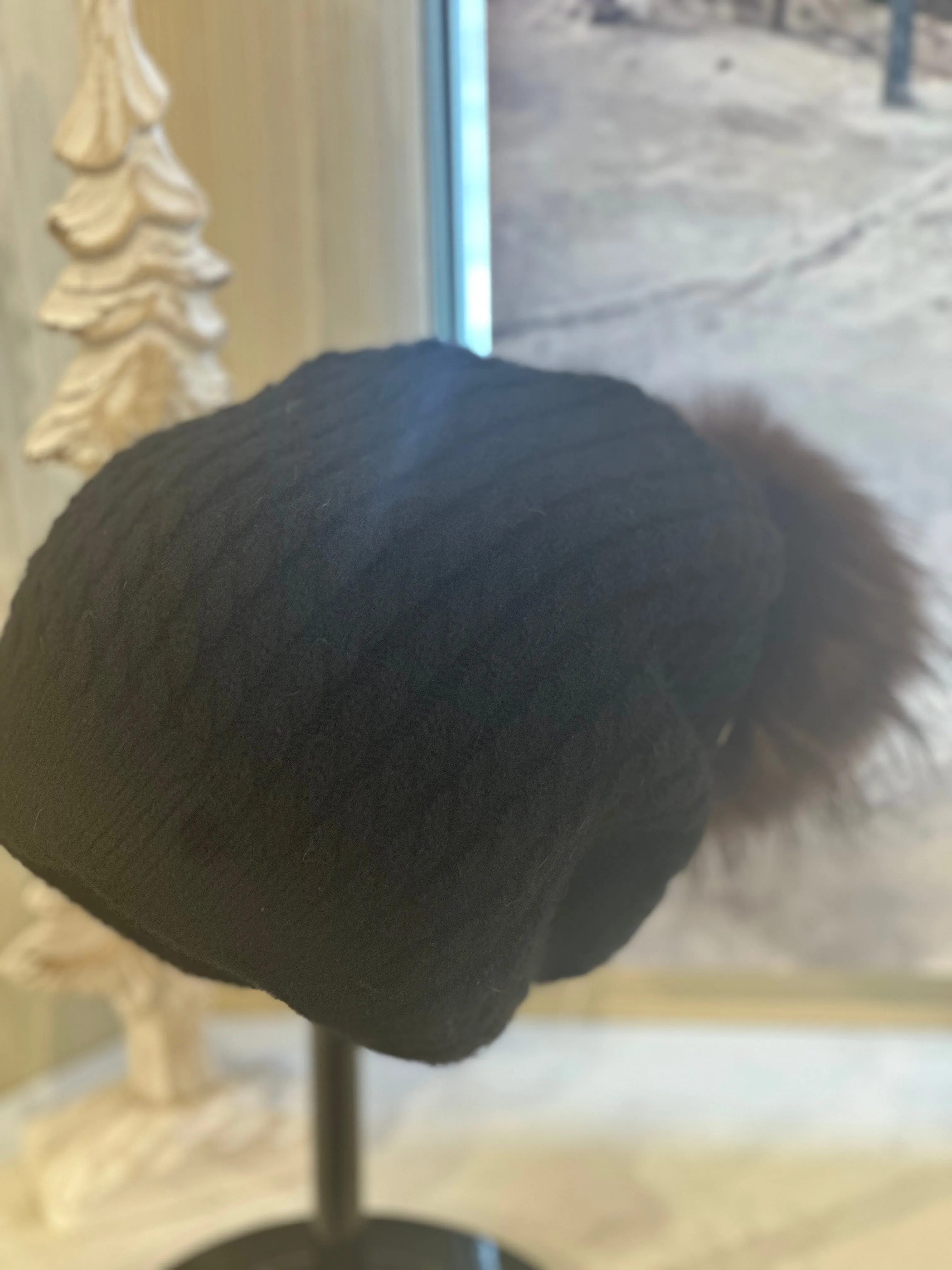 Toast Cable Beanie Hat -black tan beanie with natural raccoon pom