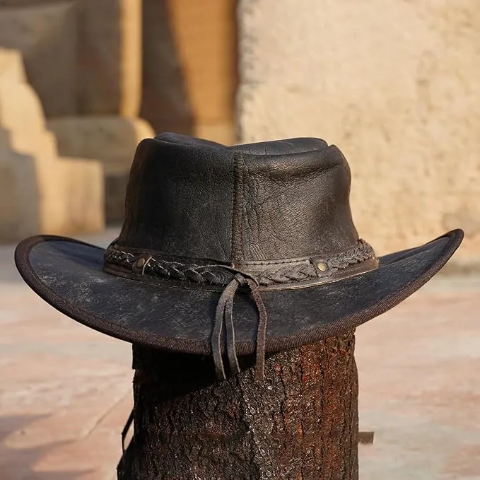 Trekker Leather Crushable  Outback Hat For Men and Women Fold Up