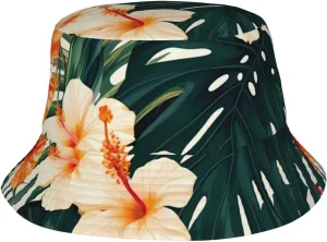 Tropical Summer Hawaiian Flower Palm Leaves Bucket Hat Packable Breathable Sun Hats Fisherman Hats Outdoor Summer Travel Hiking Beach Caps for Men Women Black