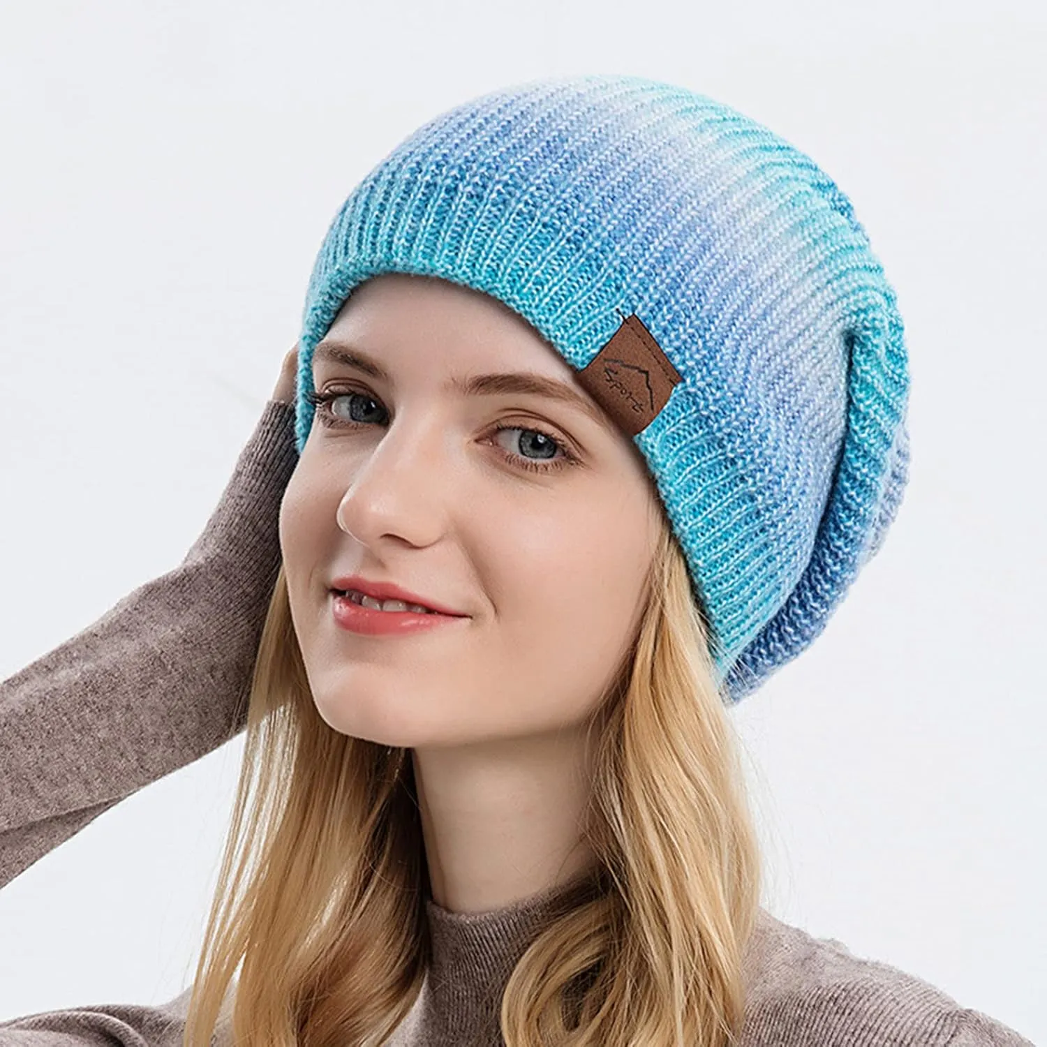 tuduoms Womens Tie Dye Hats Winter Wool Warm Rib Cable Knit Beanies Hat Teen Girls Trendy Cute Skull Ski Cap Pom Pom Beanie