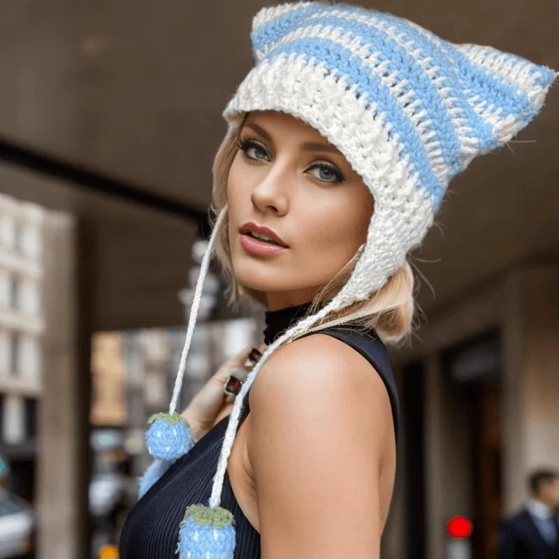 Two-Tone Striped Cat Ear Knitted Beanie Hat