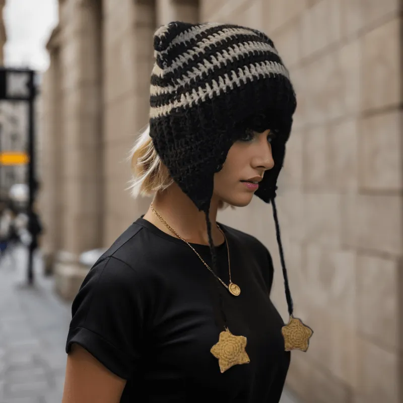 Two-Tone Striped Cat Ear Knitted Beanie Hat