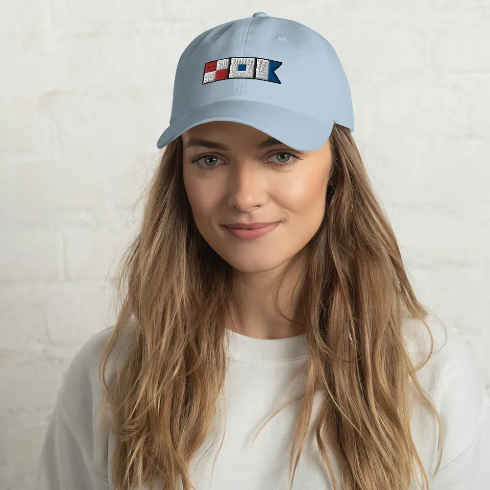 Unisex Nautical Dad hat with USA spelled out in Semaphore flags, Signal Flags Hat, Boat Gift