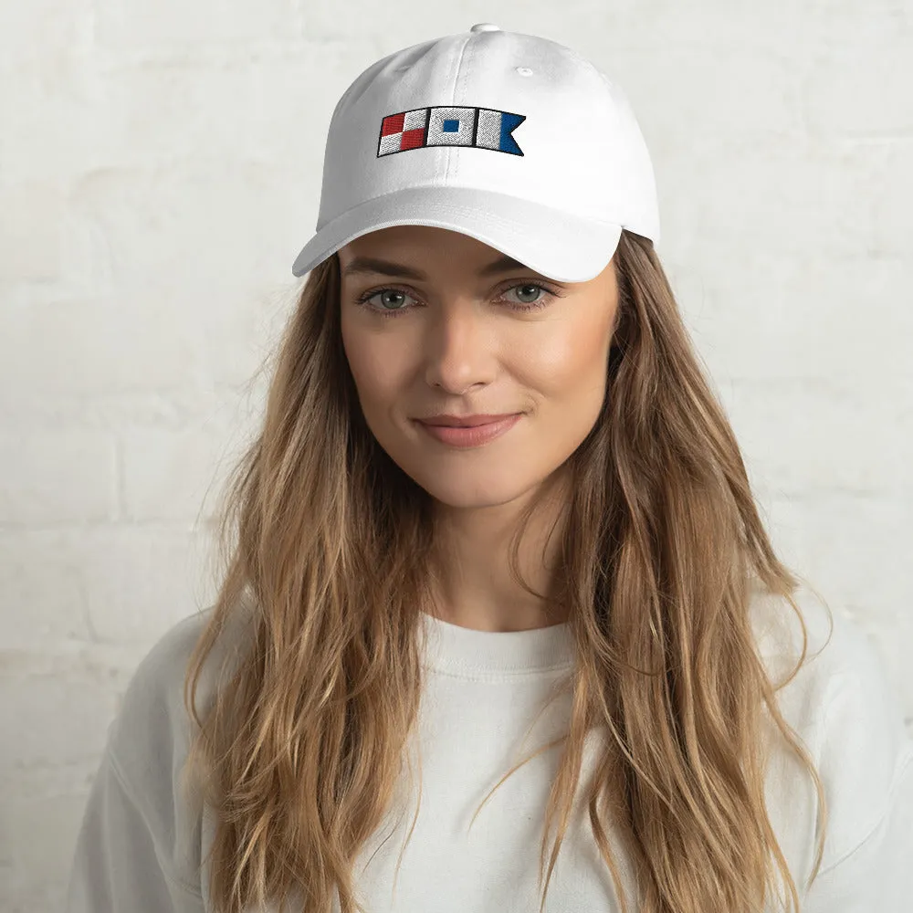 Unisex Nautical Dad hat with USA spelled out in Semaphore flags, Signal Flags Hat, Boat Gift
