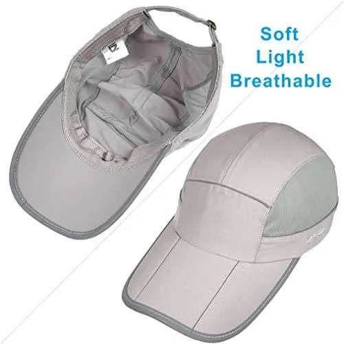 UPF 50 Mens Outdoor Hat Reflective Folding Mens Running Run Sports Sport Hats Summer Cool UV Sun Unstructured Baseball Cap Caps Light Quivk Dry Breathable Travel Golf Hat Hats for Men Women Light Gray