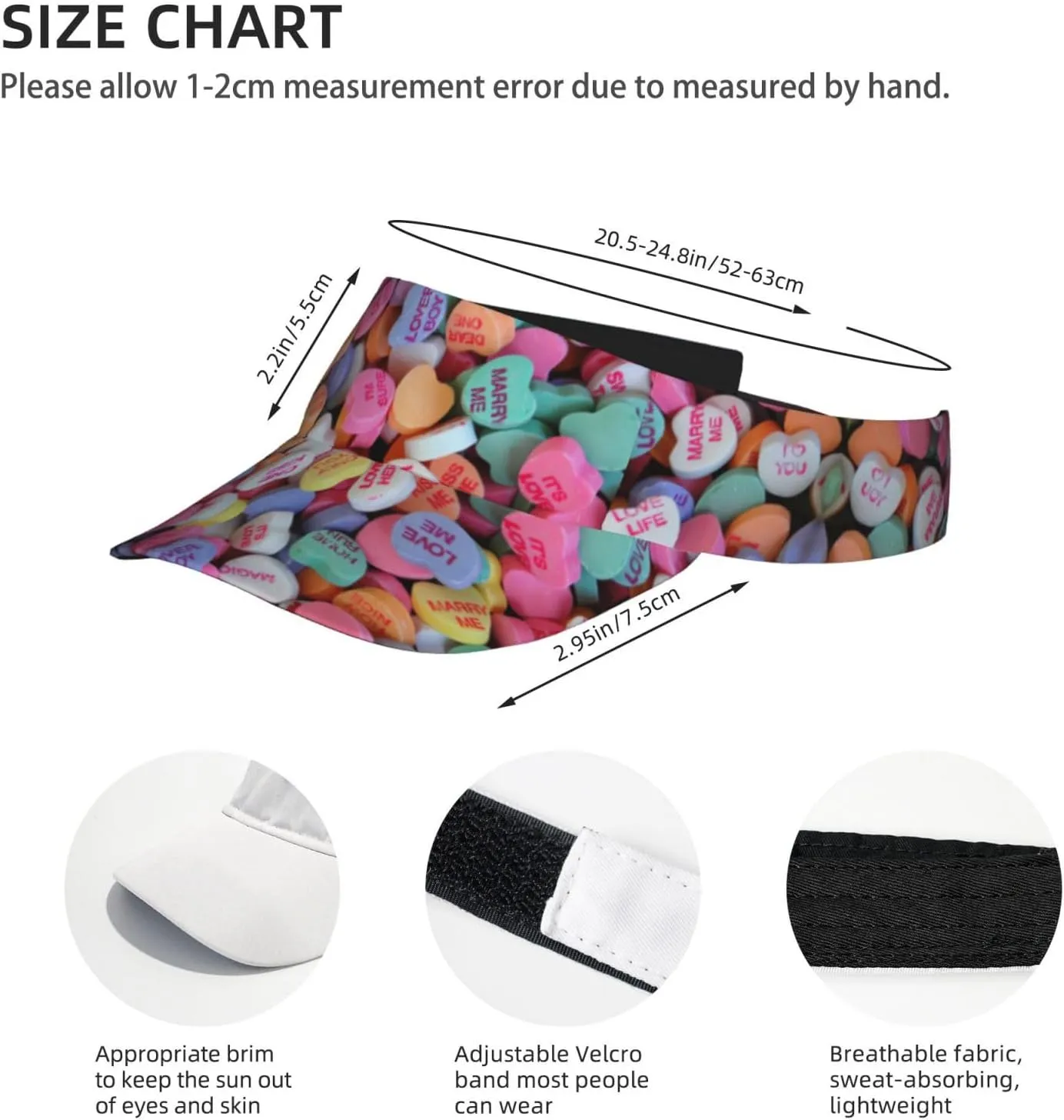 Valentines Hearts Hats for Men Women Valentine's Day Sport Sun Visor Hats Adjustable Hat Golf, Running Outdoor Hats