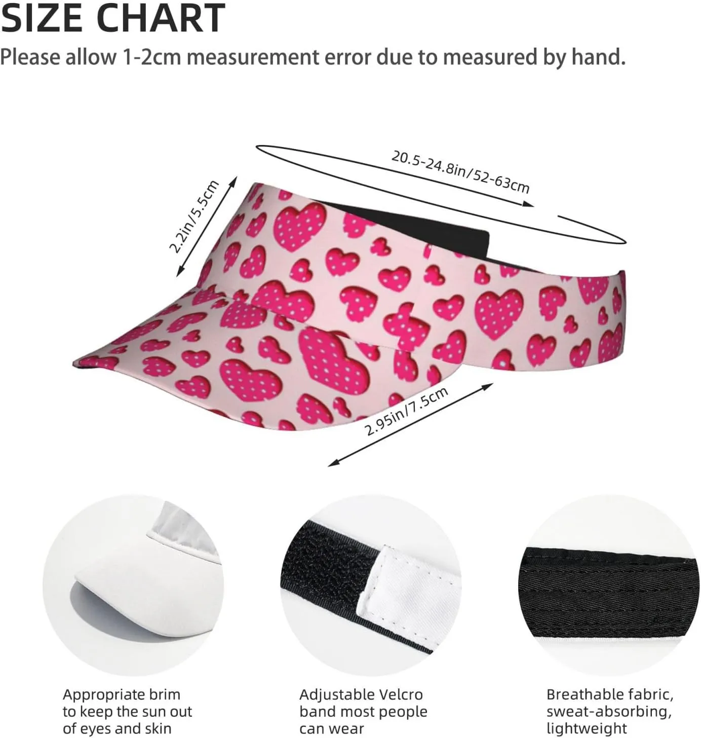 Valentines Hearts Hats for Men Women Valentine's Day Sport Sun Visor Hats Adjustable Hat Golf, Running Outdoor Hats