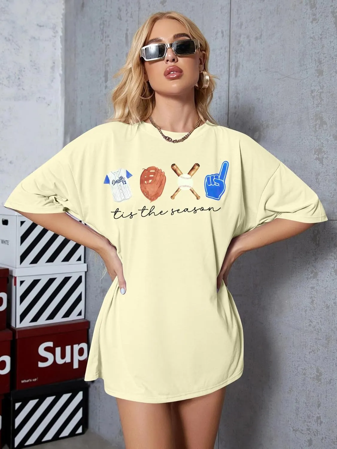 VILOVE Baseball Shirt Women Oversized Baseball Mom Tops Baseball Season Game Day Baseball Fan Gifts Short Sleeve Tops